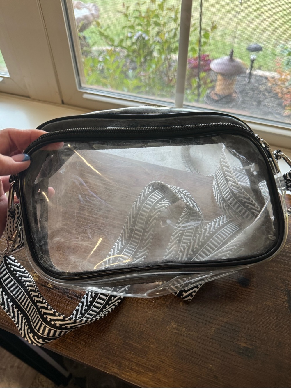 Clear Crossbody Bag with Black Trim and Removable Patterned Strap